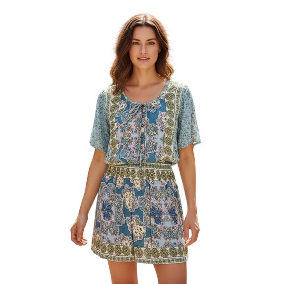 Angie Dresses & Skirts - Angie Dress Multicolor Boho Floral Button Front Tie Neck - Blue, Gold - Small